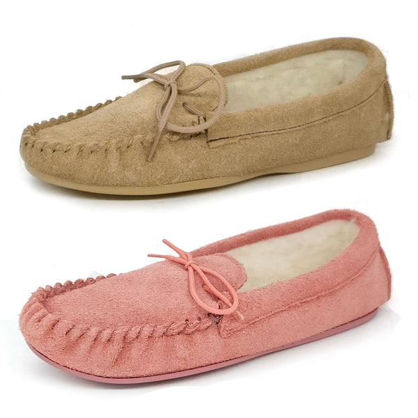 Coopers Women's Wool Lined Pink Suede Moccasin Slippers Made In England