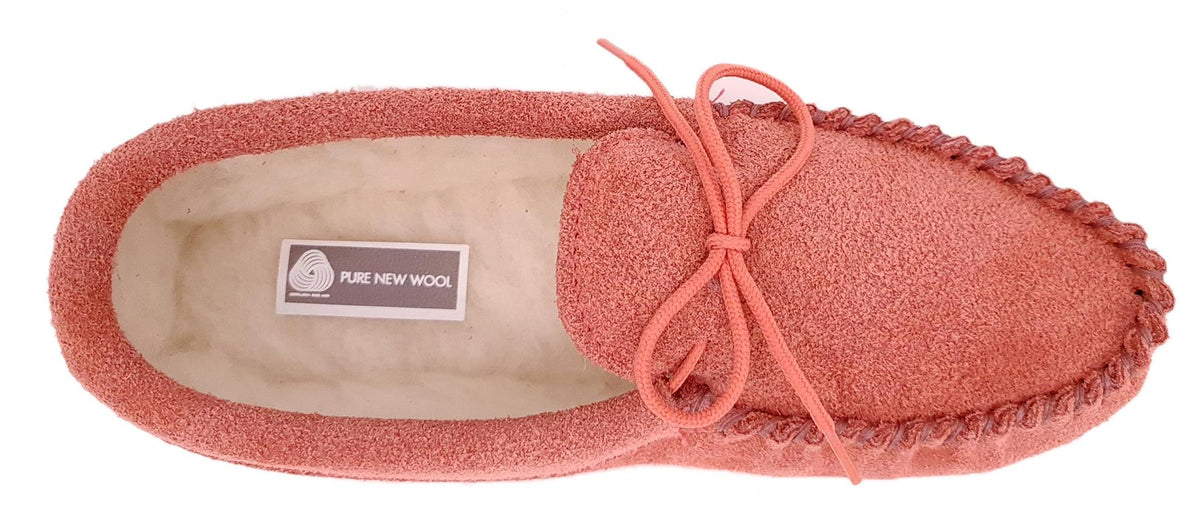 Coopers Women's Wool Lined Pink Suede Moccasin Slippers Made In England